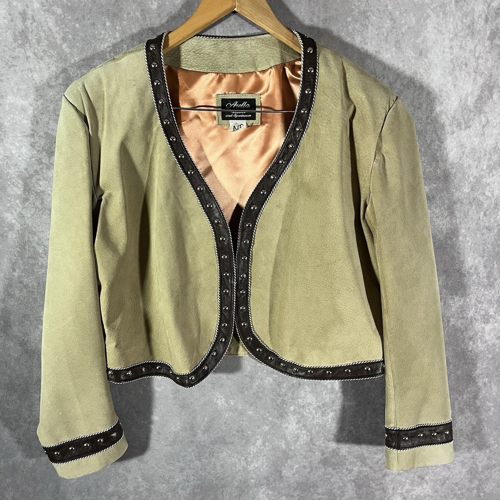 Arella Blazer Womens XL Beige / Brown Vintage Genuine Leather Studded Hook & Eye